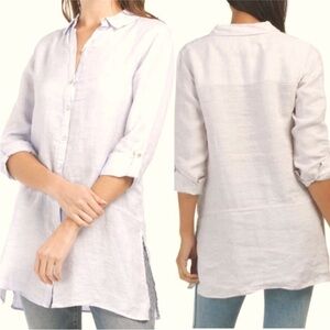 Tahari Essentials 100% Linen White Tunic Blouse with Abalone Shell Buttons, Sz.S